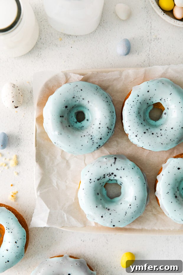 Robin's Egg Blue Baked Donuts 8 Several Robin's Egg Baked Donuts beautifully arranged on a rustic wooden table.