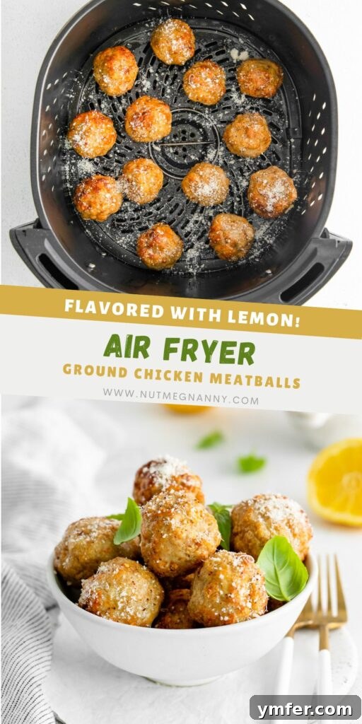 Crispy Air Fryer Chicken Meatballs 12 Air Fryer Chicken Meatballs pin for Pinterest, showing the finished dish in an appealing composition.