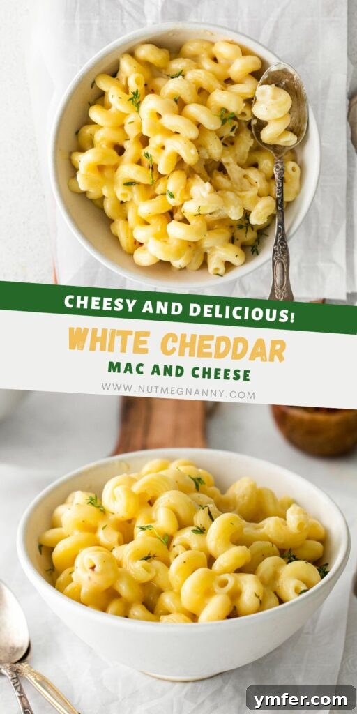 Creamy White Cheddar Mac 11 A Pinterest pin image for White Cheddar Mac and Cheese, featuring a visually appealing shot of the dish.