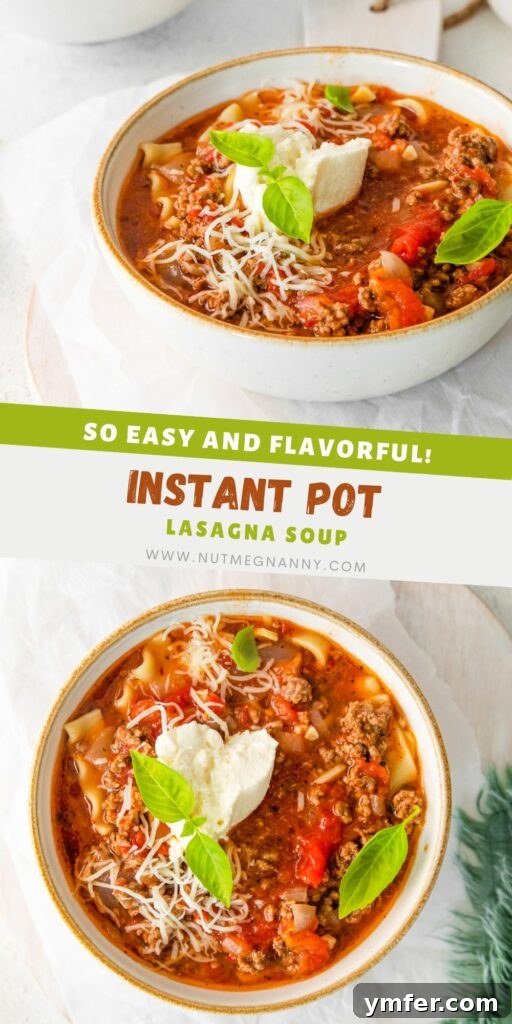 Pinterest pin graphic for Instant Pot Lasagna Soup.