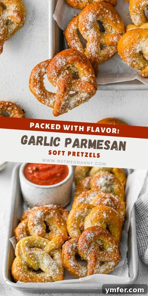 A high-quality image of Garlic Parmesan Soft Pretzels, ideal for sharing on social media platforms like Pinterest.