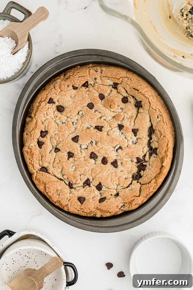Ultimate Chocolate Chip Cookie Cake 10 A freshly baked Chocolate Chip Cookie Cake still in its round baking pan, with golden-brown edges and a soft, slightly risen center.