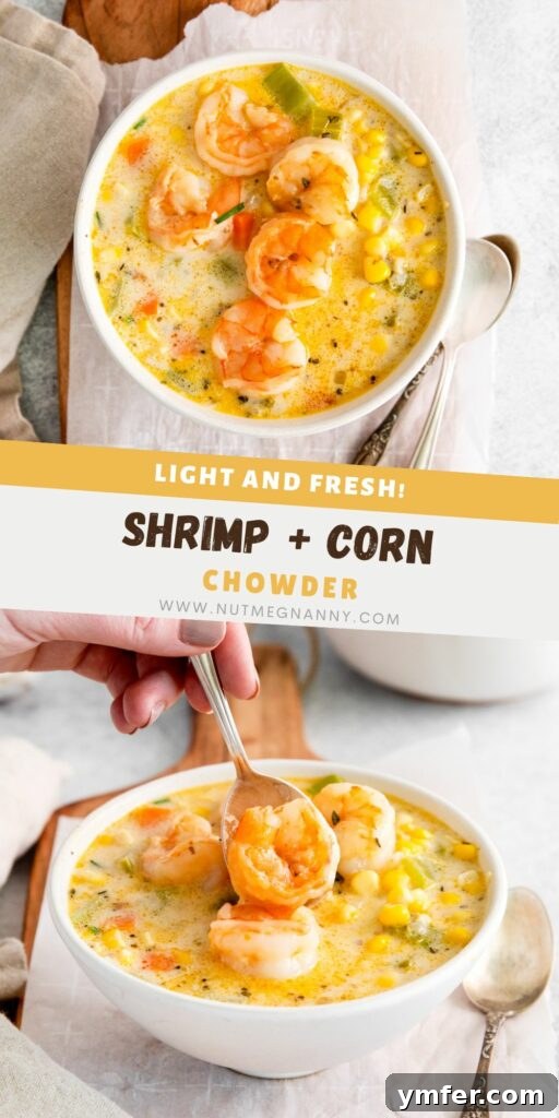 Golden Harvest Shrimp and Corn Chowder 10 A vibrant Pinterest graphic for Shrimp Corn Chowder, showing the finished dish in a bowl.