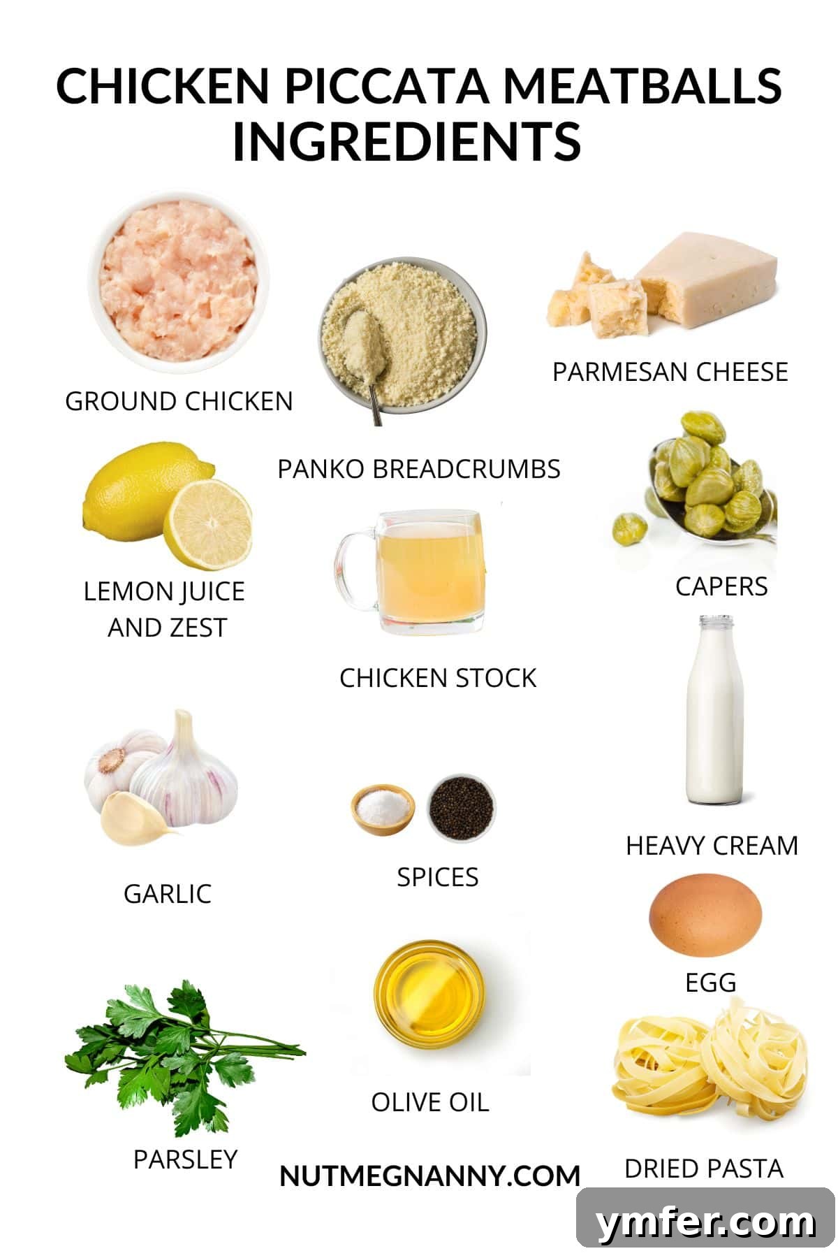 Tangy Lemon Caper Chicken Meatballs 3 Chicken Piccata Meatballs ingredients photo. Fresh lemon, garlic, ground chicken, capers, parsley, and other ingredients laid out.