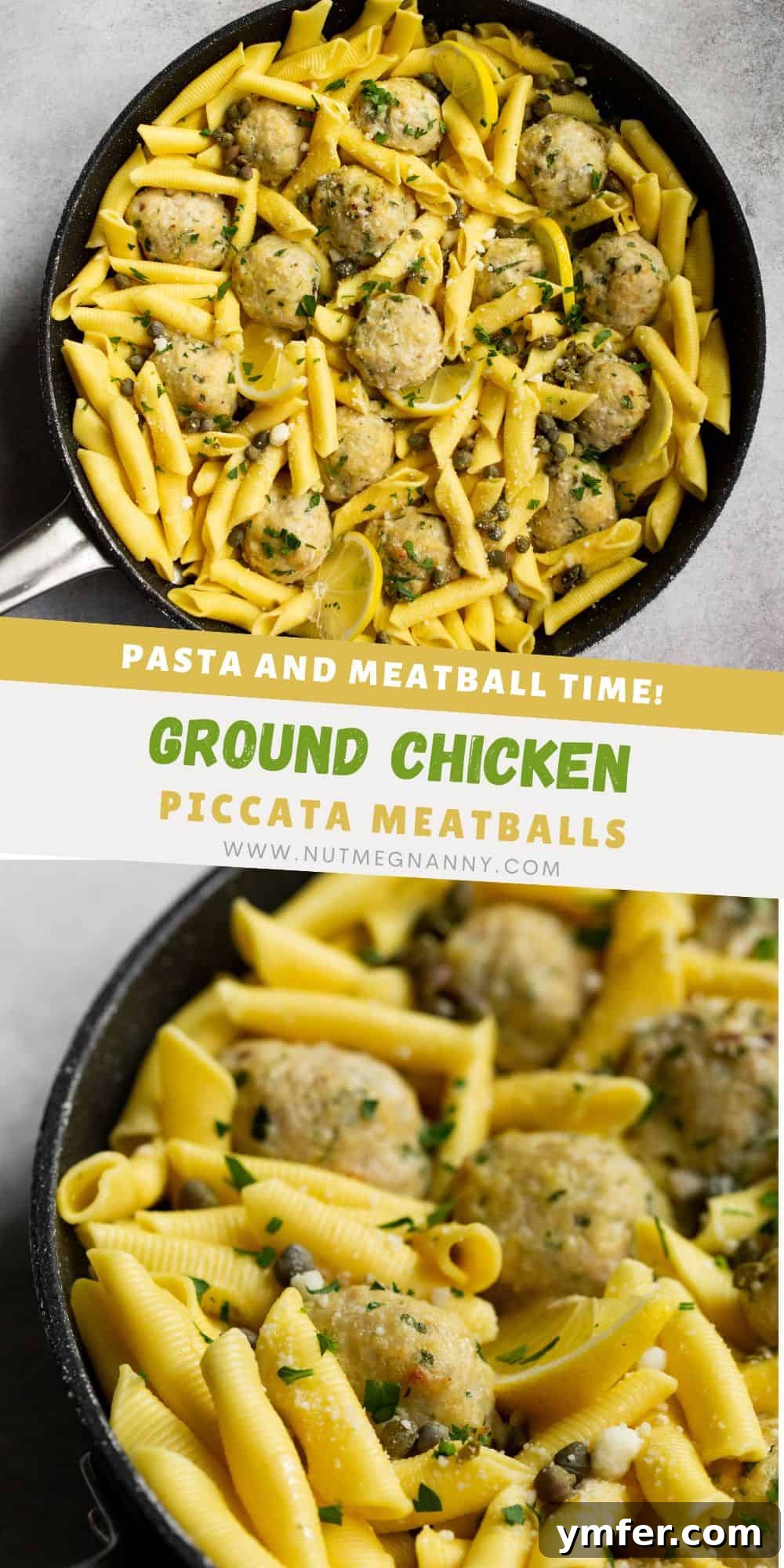 Tangy Lemon Caper Chicken Meatballs 9 Chicken piccata meatballs served on a plate, close up.