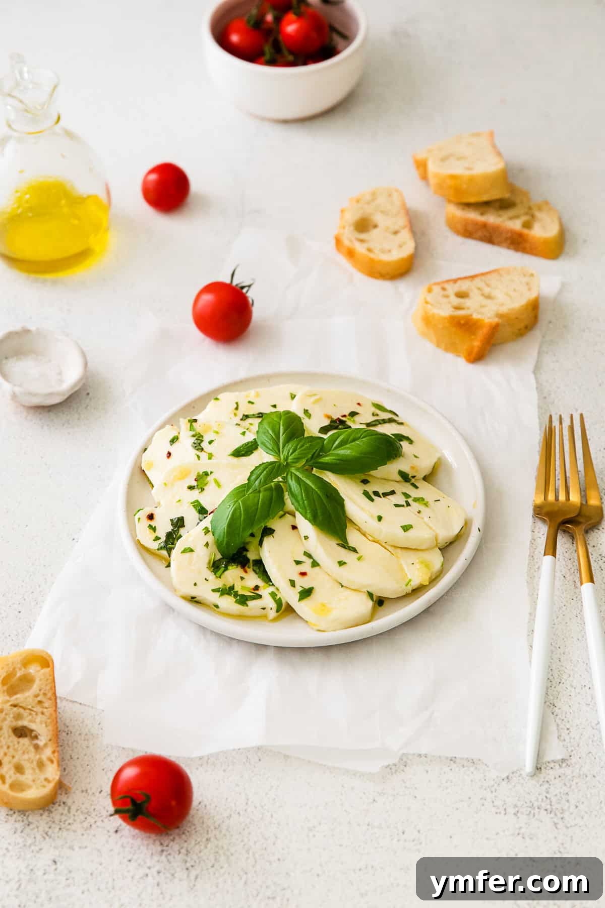 Flavorful Mozzarella Delights 5 Marinated Mozzarella served with extra olive oil.