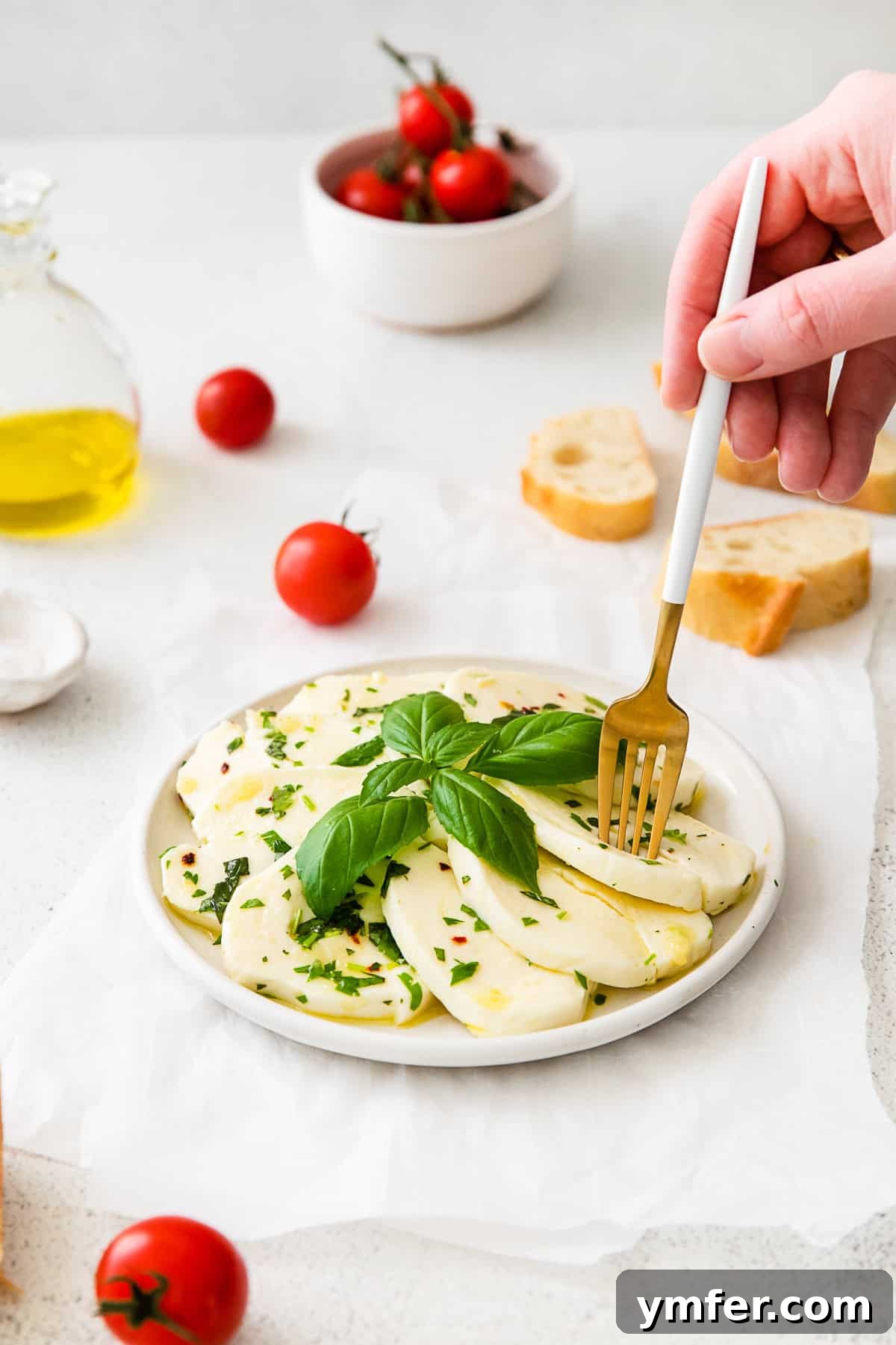 Flavorful Mozzarella Delights 7 Marinated Mozzarella served with bread and tomatoes.