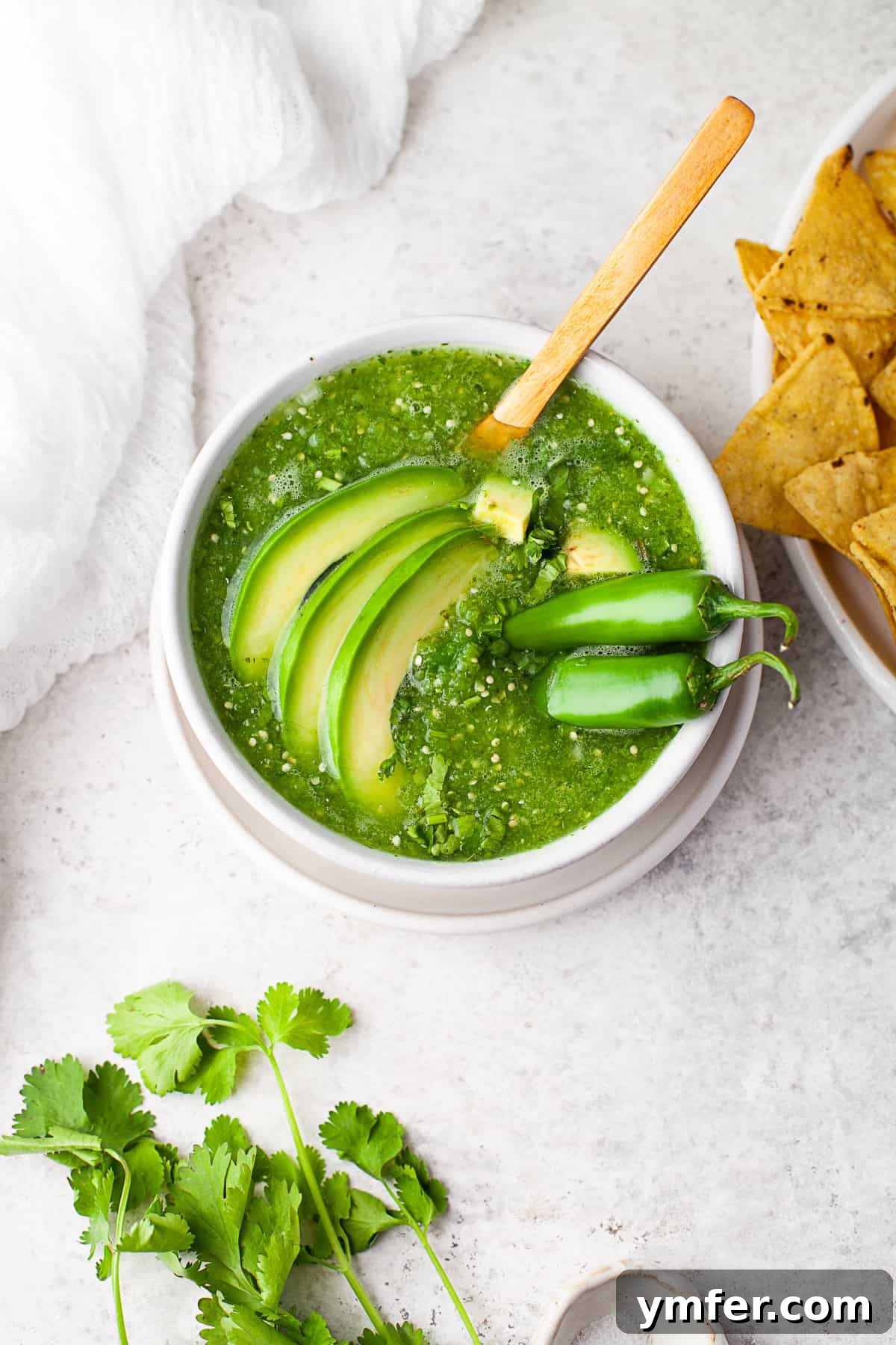 Vibrant Homemade Salsa Verde 7 Homemade Salsa Verde in a white bowl.