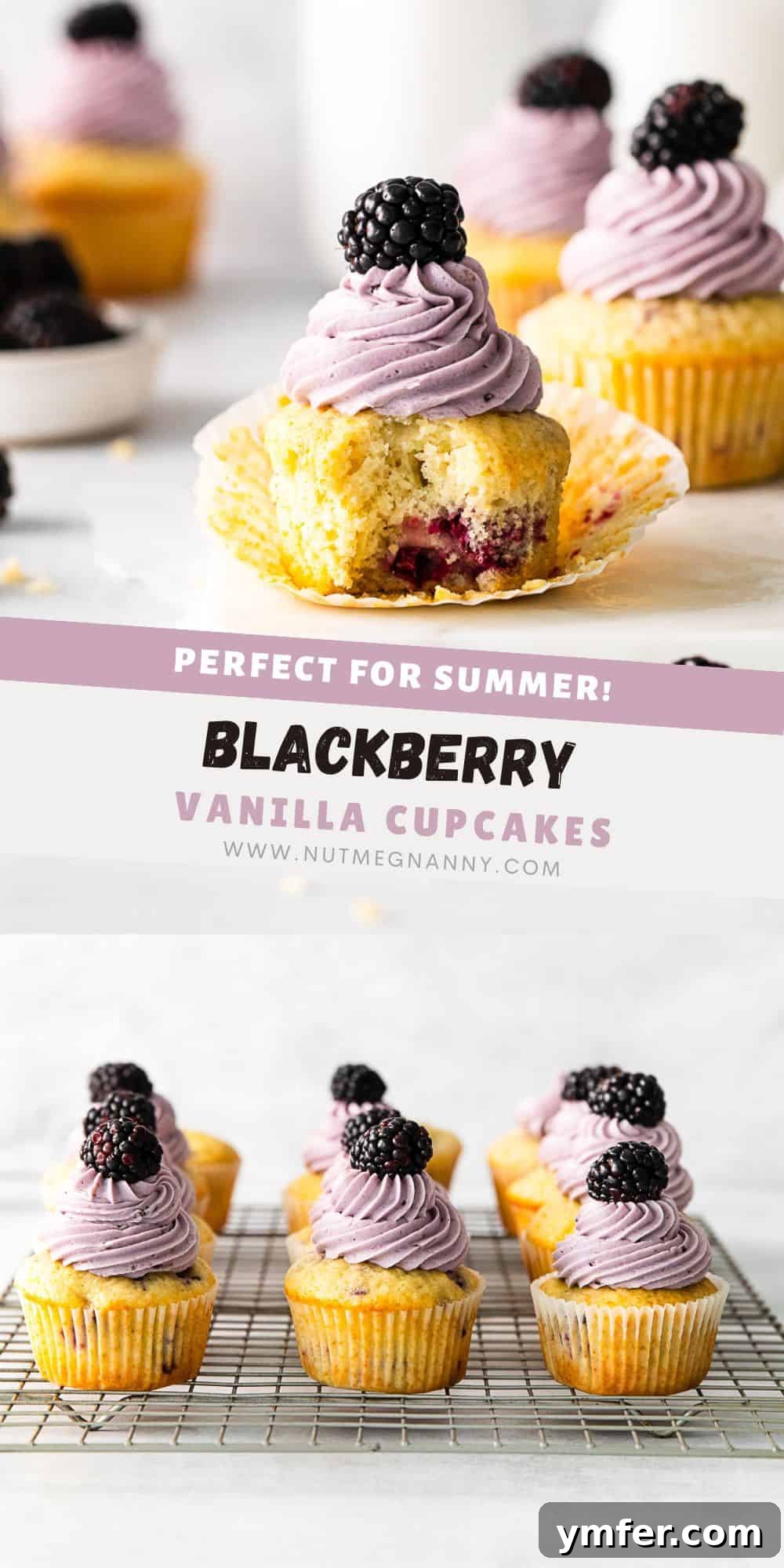 Blackberry Bramble Cupcakes 12 Blackberry Cupcakes Pinterest pin image showing multiple cupcakes with frosting and berries.