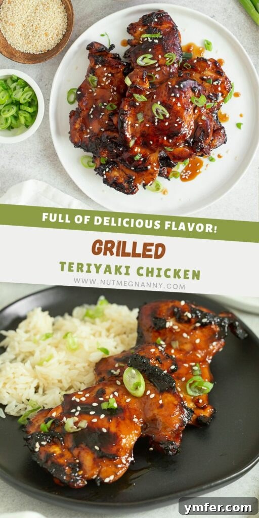 Grilled Teriyaki Chicken vertical pin for Pinterest, showcasing the dish with toppings.