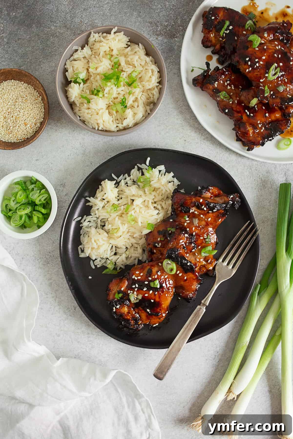Grilled teriyaki chicken served on a plate with fluffy white rice and a sprinkle of green onions.