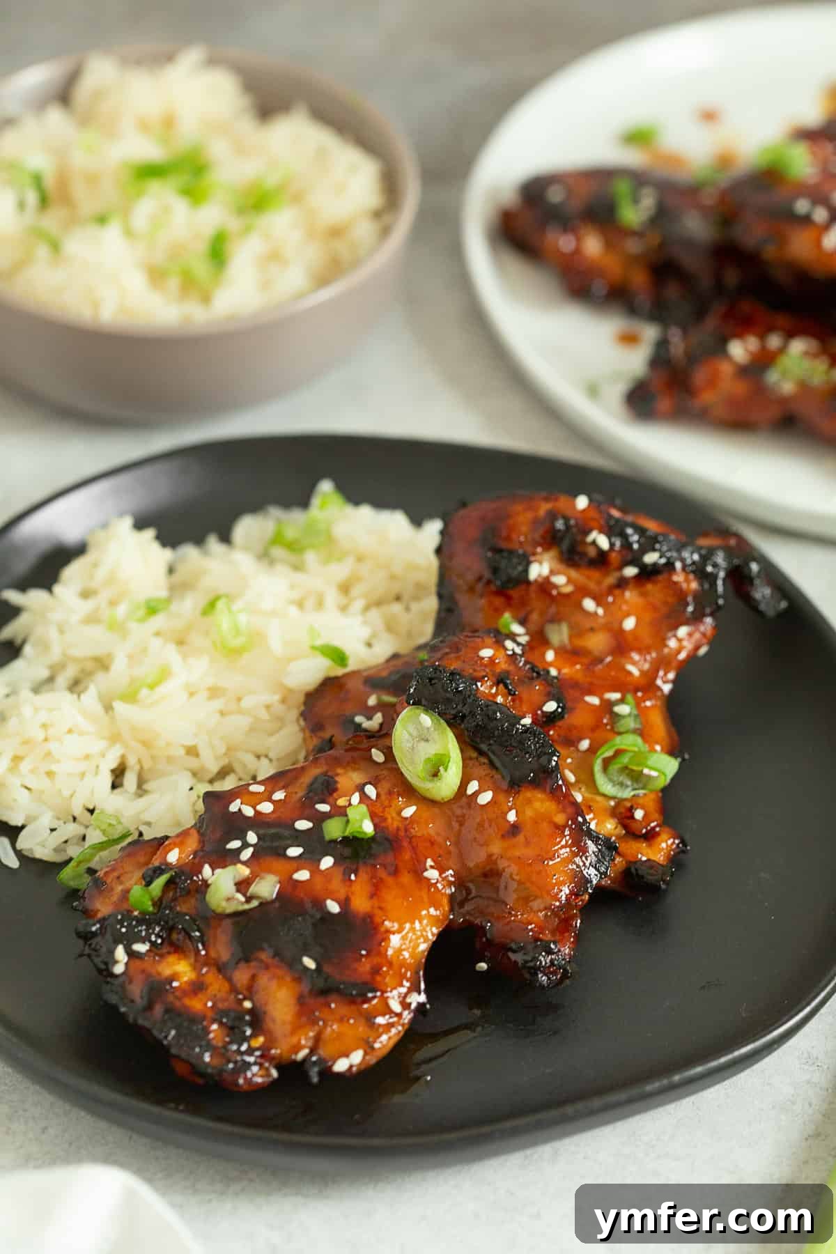Close-up of grilled teriyaki chicken topped with green onions and sesame seeds, served with a scoop of rice.