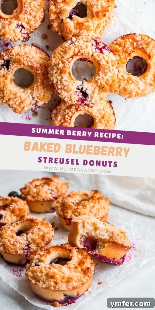 A Pinterest-optimized image for Baked Blueberry Streusel Donuts, featuring the finished product.