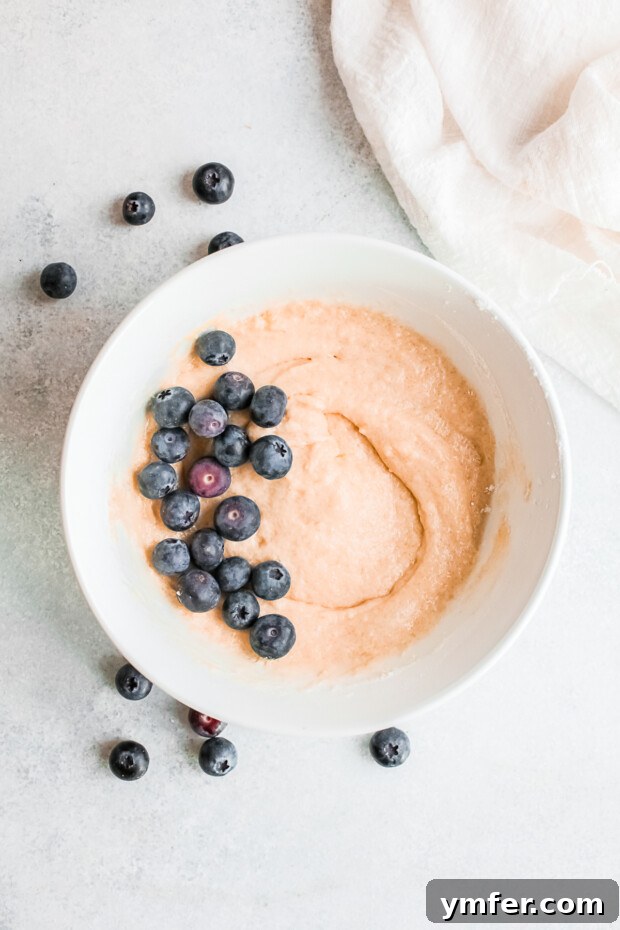 Donut batter in a bowl with fresh blueberries gently mixed in.