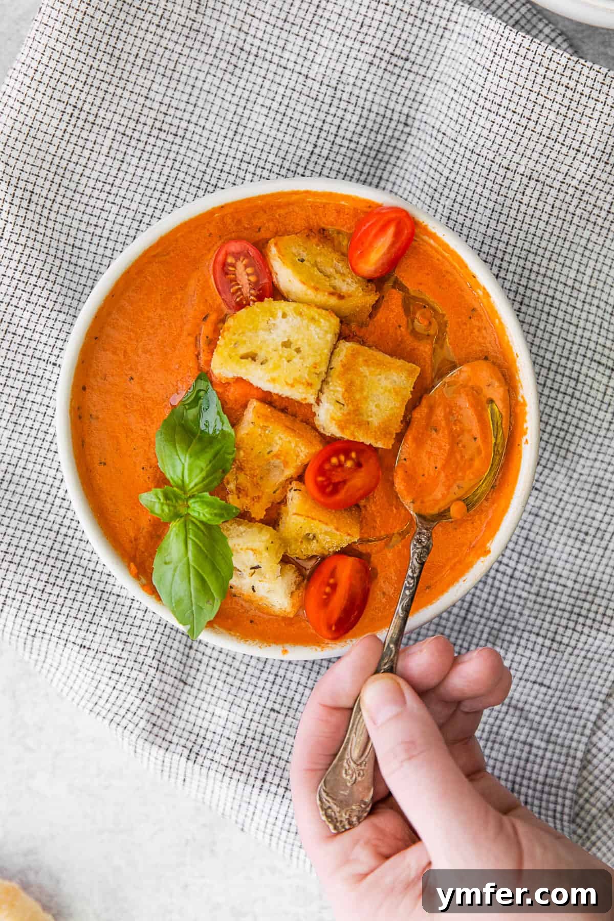 Effortless Instant Pot Tomato Delight 6 A spoon taking a spoonful of tomato soup. A spoon scoops a rich, creamy spoonful of Instant Pot Tomato Soup from a white bowl, showcasing its smooth texture.
