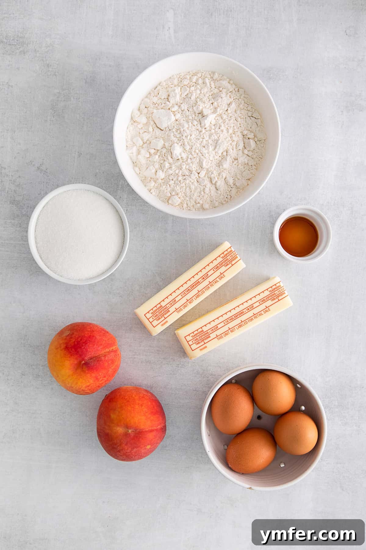 Sun-Kissed Peach Pound Cake 3 Ingredients to make pound cake on a table.