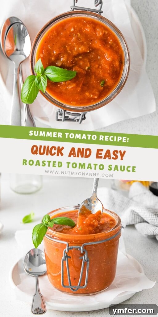 Richly Roasted Tomato Sauce 13 A Pinterest-optimized image for Roasted Tomato Sauce, featuring the finished sauce in a jar.