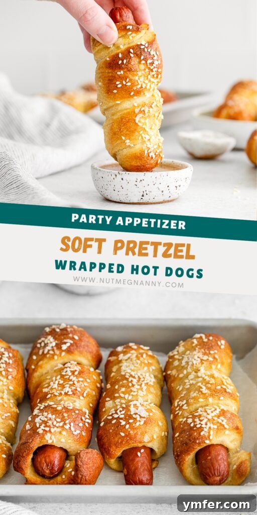 Golden Pretzel Franks 11 Soft Pretzel Dogs pin for Pinterest, showcasing the final delicious product.