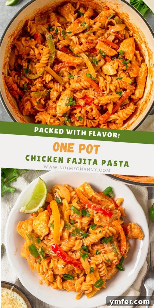 Zesty Skillet Chicken Fajita Pasta 10 One Pot Chicken Fajita Pasta pin for Pinterest with a tempting image of the finished dish.