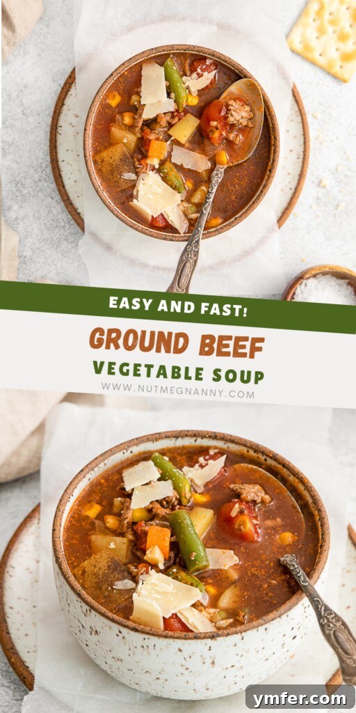Beef Vegetable Soup 11 Vegetable Beef Soup pin for Pinterest, showcasing a beautiful bowl of soup.