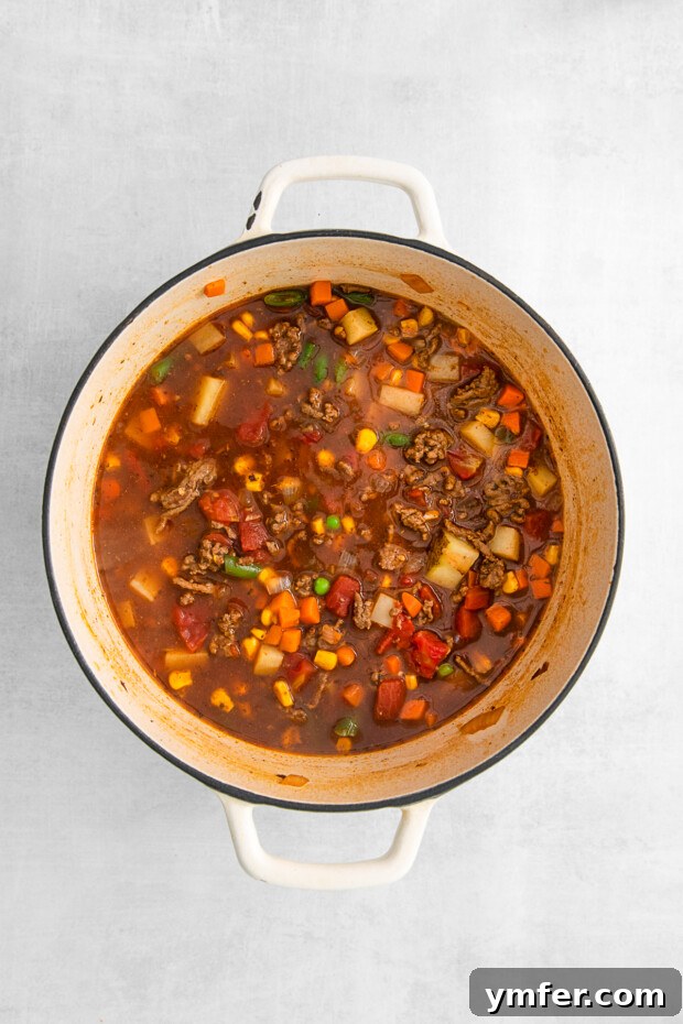 Beef Vegetable Soup 5 Vegetable Beef Soup simmering in a Dutch oven, bubbling gently.