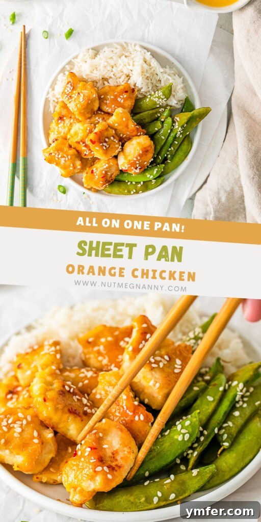 Simple Sheet Pan Sticky Orange Chicken 11 Sheet Pan Orange Chicken pin for Pinterest, showing the finished dish.