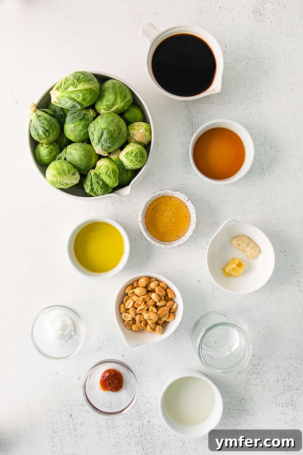Kung Pao'd Brussels Sprouts 3 Ingredients to make Kung Pao Brussels Sprouts sitting on a table.
