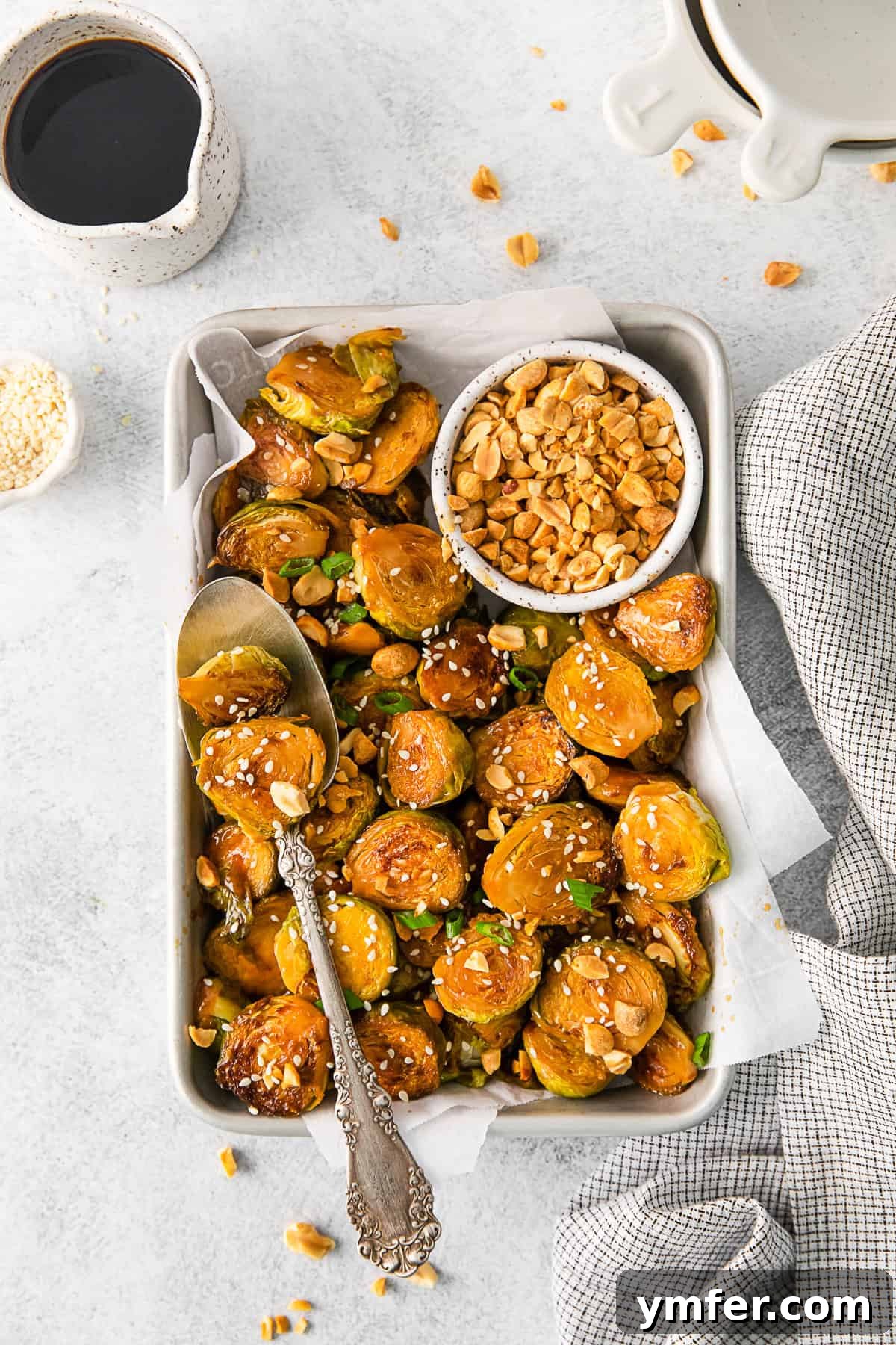 Kung Pao'd Brussels Sprouts 7 Kung Pao Brussels Sprouts with crushed peanuts, sesame seeds, and green onions.
