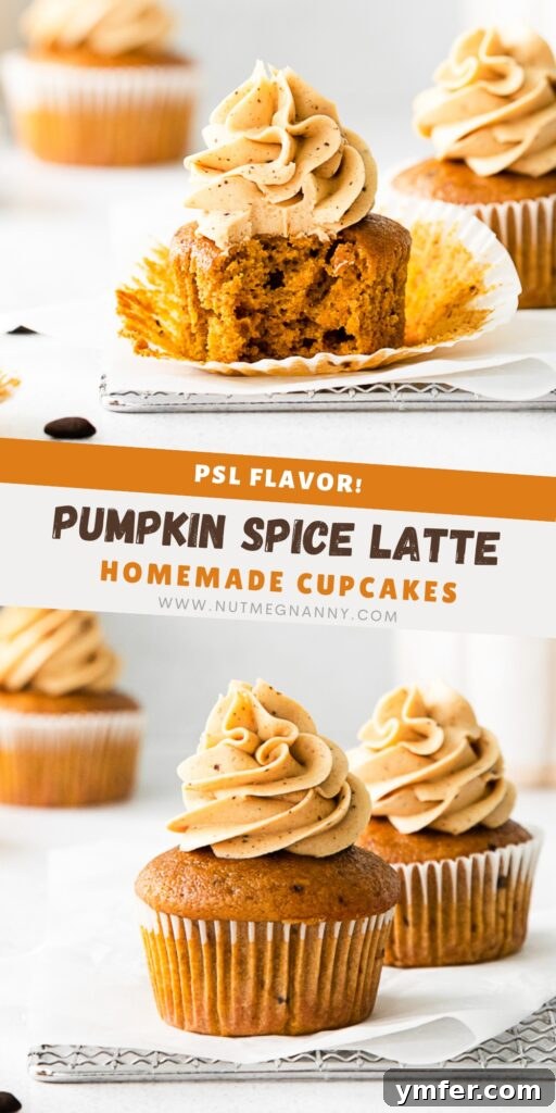 Pinterest pin graphic for Pumpkin Spice Latte Cupcakes, featuring a beautifully plated cupcake.