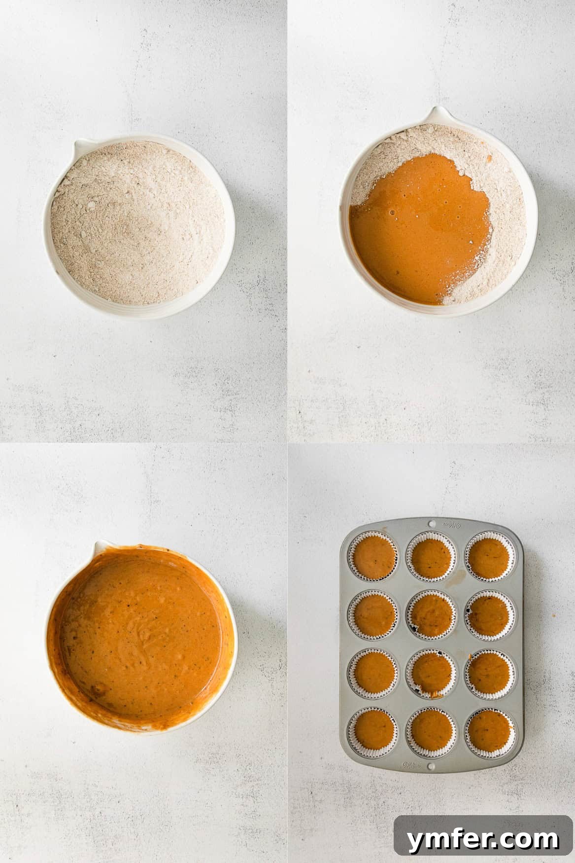 A visual collage showing the step-by-step process of making Pumpkin Spice Latte Cupcakes, from mixing ingredients to baking.