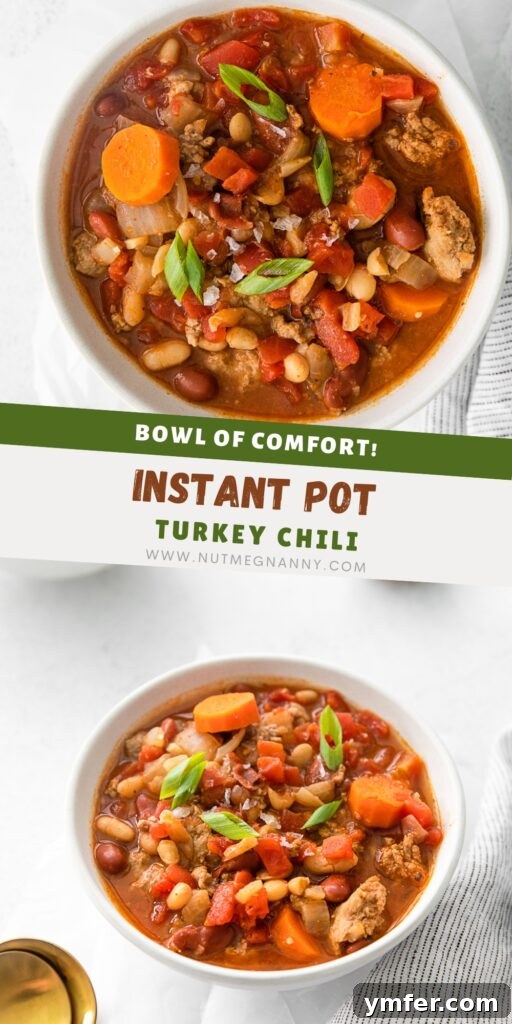 Hearty Instant Pot Turkey Chili 12 A graphic for pinning the Instant Pot Turkey Chili recipe on Pinterest.