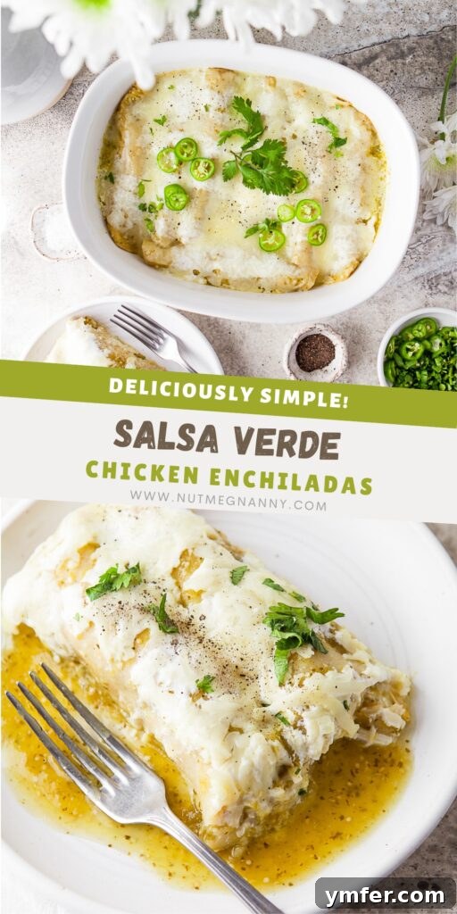 Zesty Salsa Verde Chicken Enchiladas 11 Salsa Verde Chicken Enchiladas pin for Pinterest. A delicious casserole dish filled with golden, cheesy enchiladas, ready to be shared on social media.