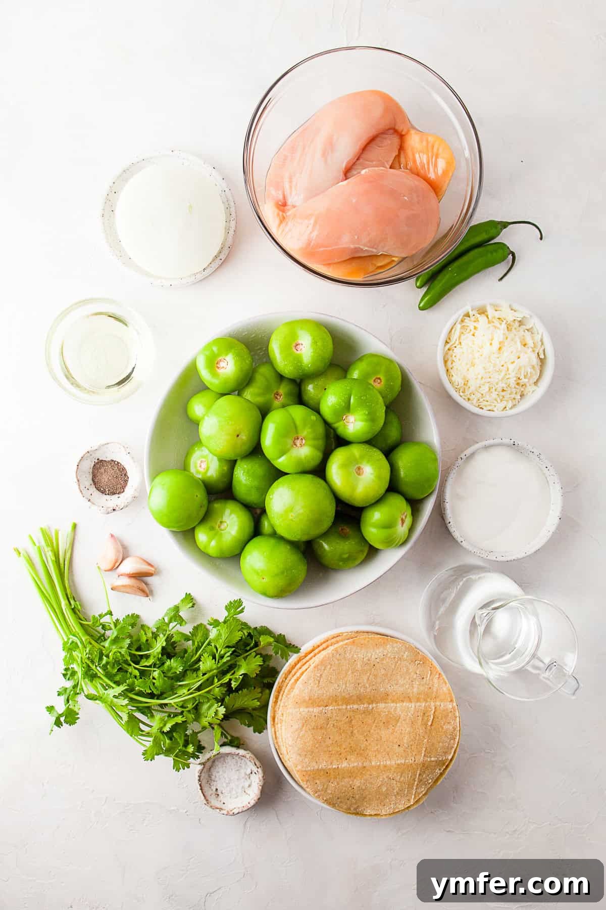 Zesty Salsa Verde Chicken Enchiladas 3 A vibrant display of fresh ingredients for Salsa Verde Chicken Enchiladas, including corn tortillas, shredded chicken, tomatillo-based salsa verde, and Monterey Jack cheese, arranged neatly on a rustic wooden table, ready for preparation.