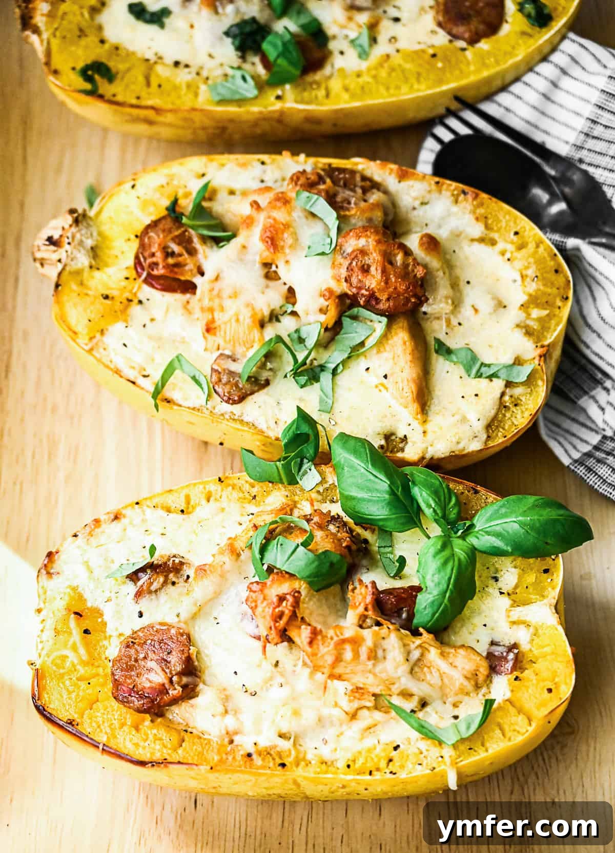 Zesty Cajun Chicken Alfredo on Spaghetti Squash Noodles 2 Cajun Chicken Alfredo Spaghetti Squash served with basil.