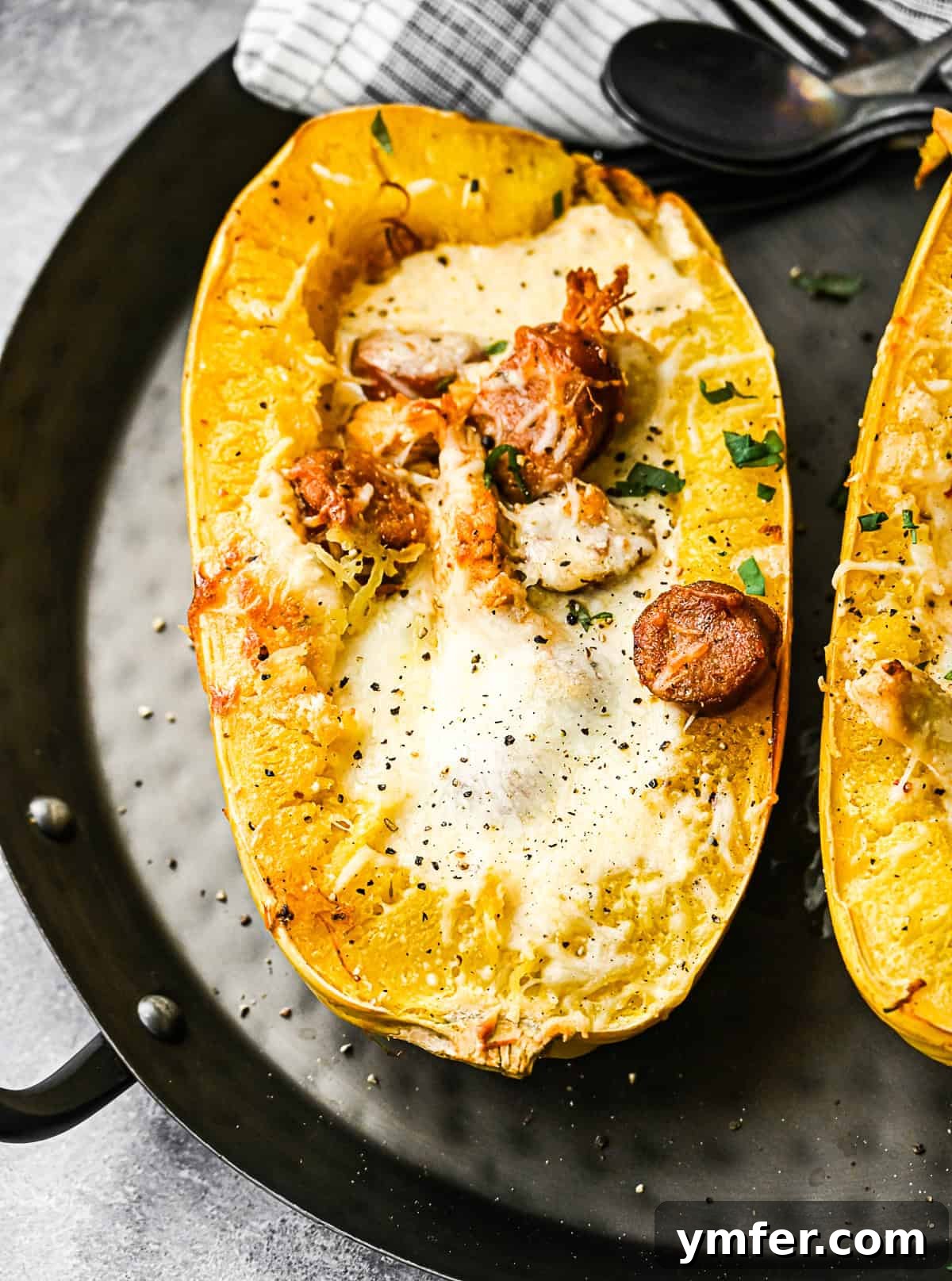Zesty Cajun Chicken Alfredo on Spaghetti Squash Noodles 4 Cajun Chicken Alfredo Spaghetti Squash sprinkled with basil.