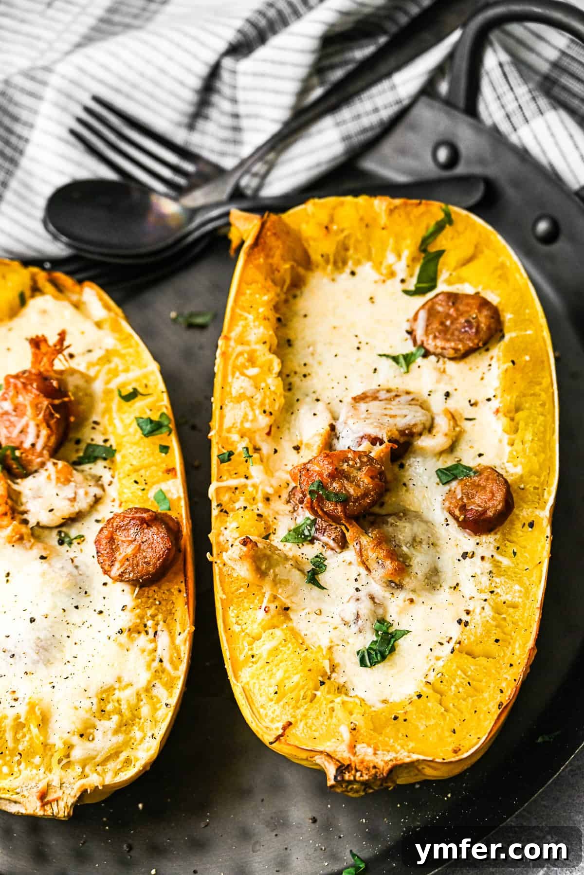Zesty Cajun Chicken Alfredo on Spaghetti Squash Noodles 6 Cajun Chicken Alfredo Spaghetti Squash on a serving plate.