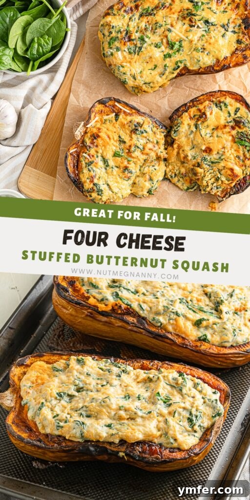 Creamy Cheesy Butternut Squash Bake 11 Pinterest pin graphic for Cheese Stuffed Butternut Squash, showing a beautifully plated dish.
