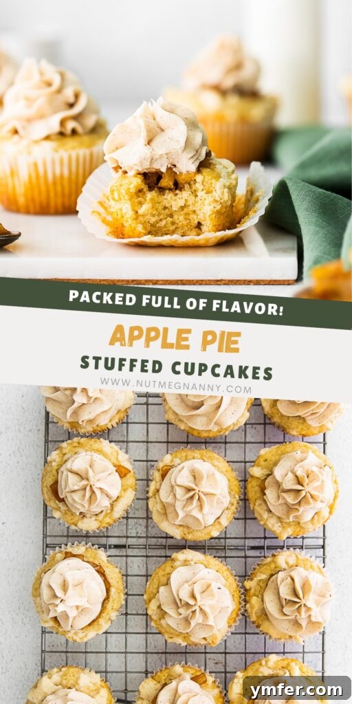 Cinnamon Apple Pie Cupcakes 11 Apple Pie Cupcakes Pinterest pin image, showcasing a beautifully frosted cupcake with a prominent streusel topping.