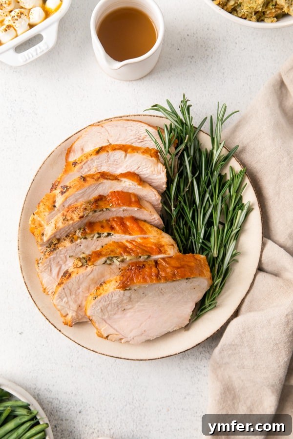 A perfectly cooked Air Fryer Turkey Breast, seasoned with fresh herbs and garlic, offering a quick and easy holiday meal solution.