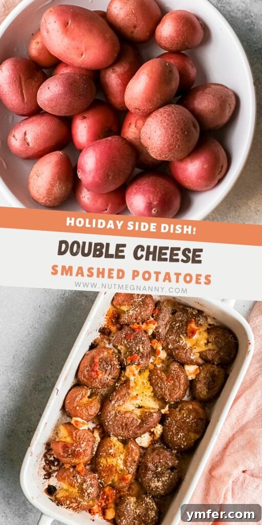 Golden Gooey Smashed Potatoes 10 Pinterest pin graphic for Cheesy Smashed Potatoes, featuring the finished dish and text overlay.