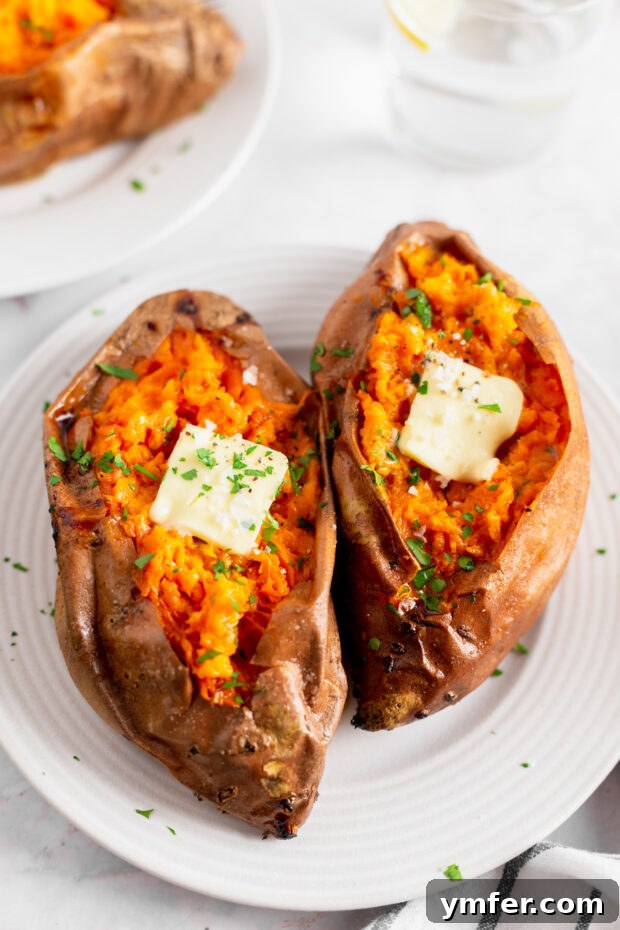 A Feast of Thanksgiving Sides 11 Perfectly baked sweet potatoes with melting butter on a white plate, ready to be customized.