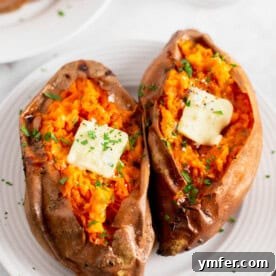 Fluffy baked sweet potato halves.