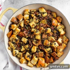 Close-up of sourdough kale bacon sausage stuffing.