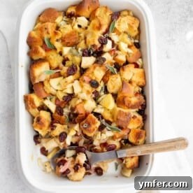 Close-up of Pancetta Apple Fennel Brioche Stuffing.