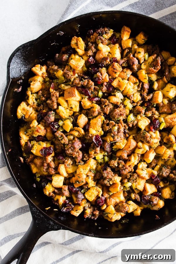 A Feast of Thanksgiving Sides 9 Hearty potato bread sausage stuffing baked to golden perfection in a cast iron skillet.