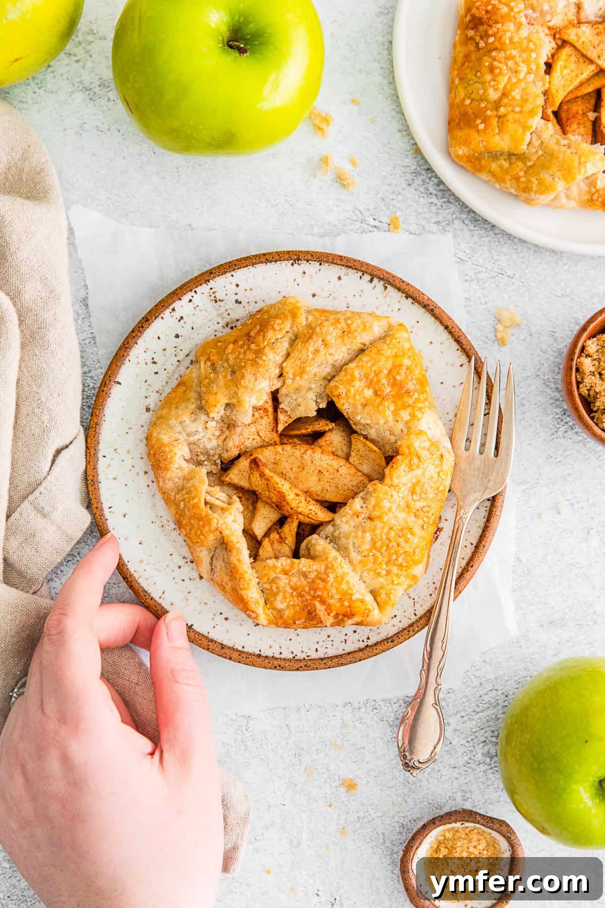 A hand holding a plate with a mini apple galette on it, garnished with a dusting of powdered sugar.