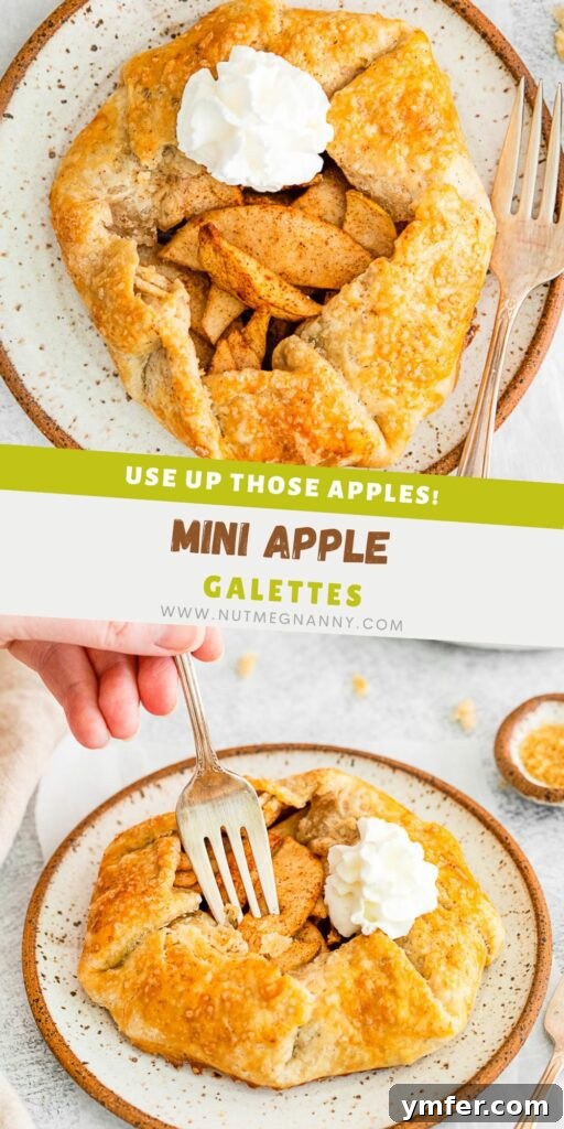 A Pinterest pin image for Mini Apple Galettes, featuring a beautifully plated galette with fresh cream.