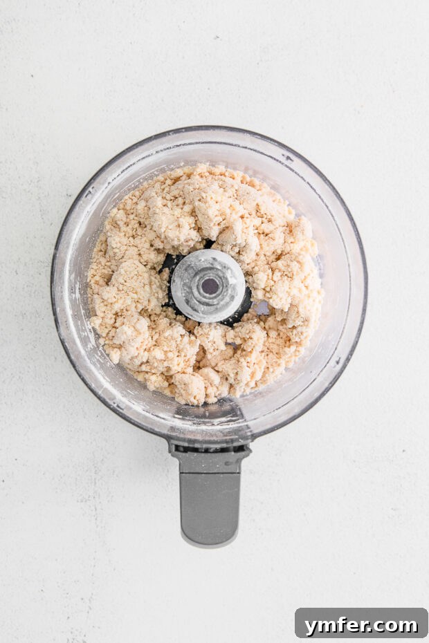 Pie dough being mixed in a food processor, showing the coarse texture with butter pieces.