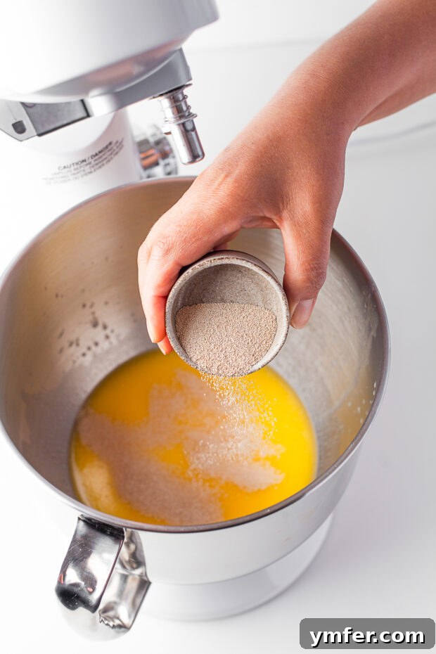 Warm Garlic Herb Rolls 4 Adding active dry yeast to a bowl containing a mixture of warm milk, water, melted butter, and honey, initiating the blooming process.