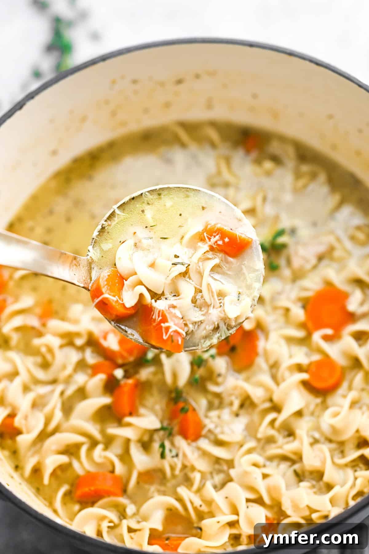 Turkey Noodle Soup Revival 4 A serving of Leftover Turkey Noodle Soup being ladled into a bowl, showcasing the rich broth, tender turkey, and colorful vegetables.